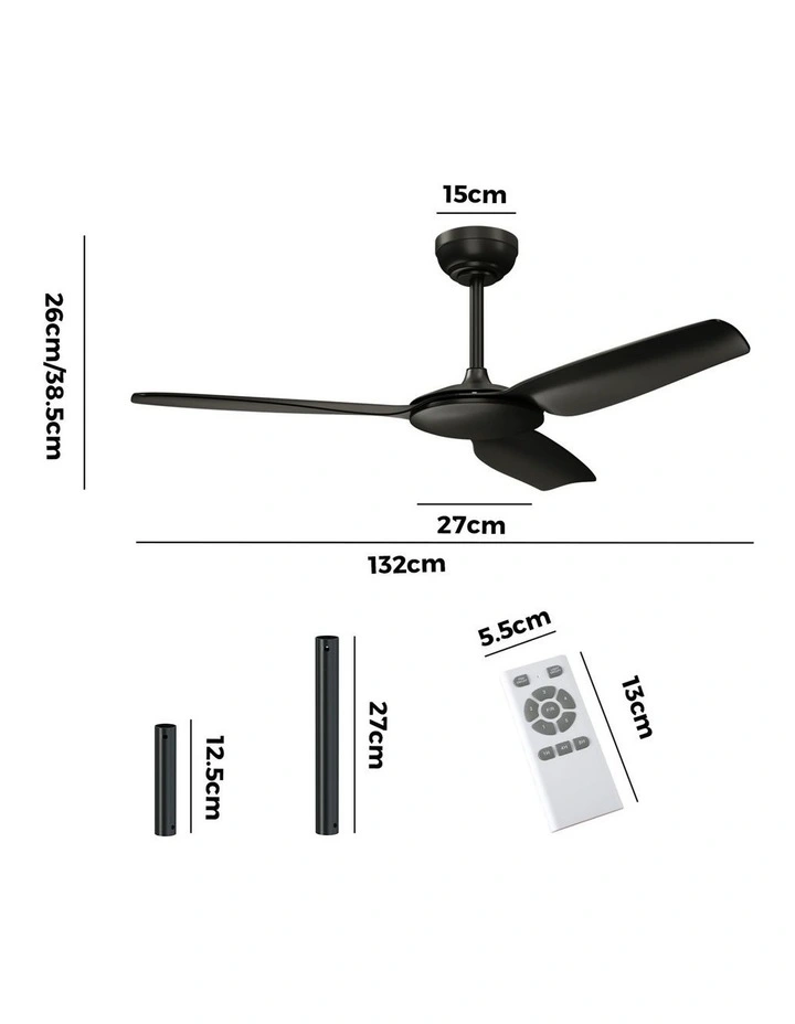 Vevare 132cm Ceiling Fan DC Motor 3 ABS Blades with Remote Control Timer Black image 3