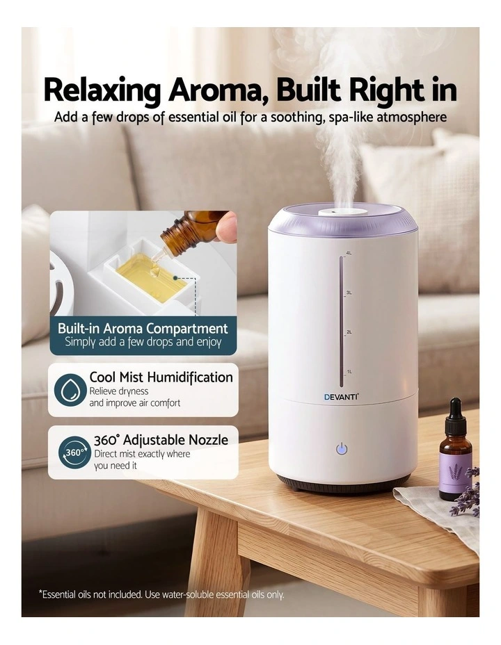 Devanti Ultrasonic Humidifier Aroma Diffuser Top Fill Quiet Bedroom 4L White image 4