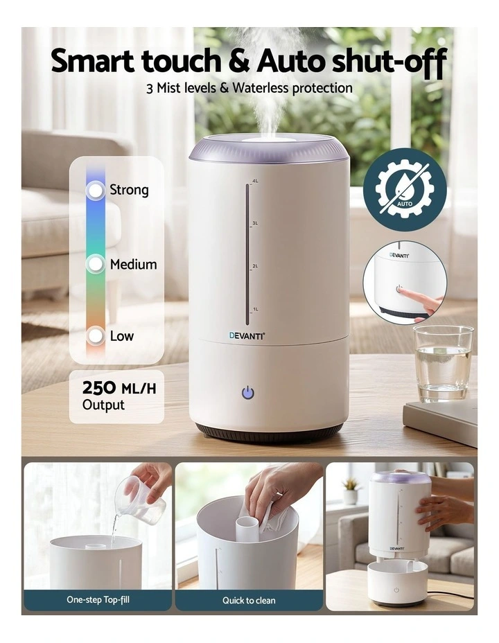 Devanti Ultrasonic Humidifier Aroma Diffuser Top Fill Quiet Bedroom 4L White image 5