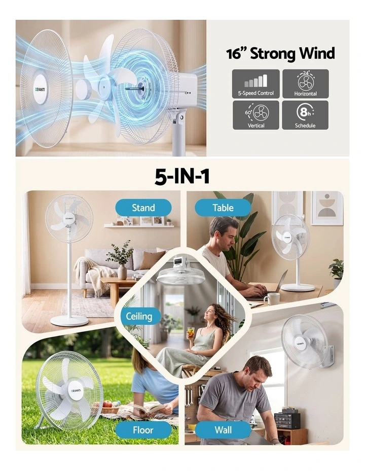 DEVANTI 16 5-in-1 Rechargeable Fan for Pedestal Table Floor Wall Ceiling image 4