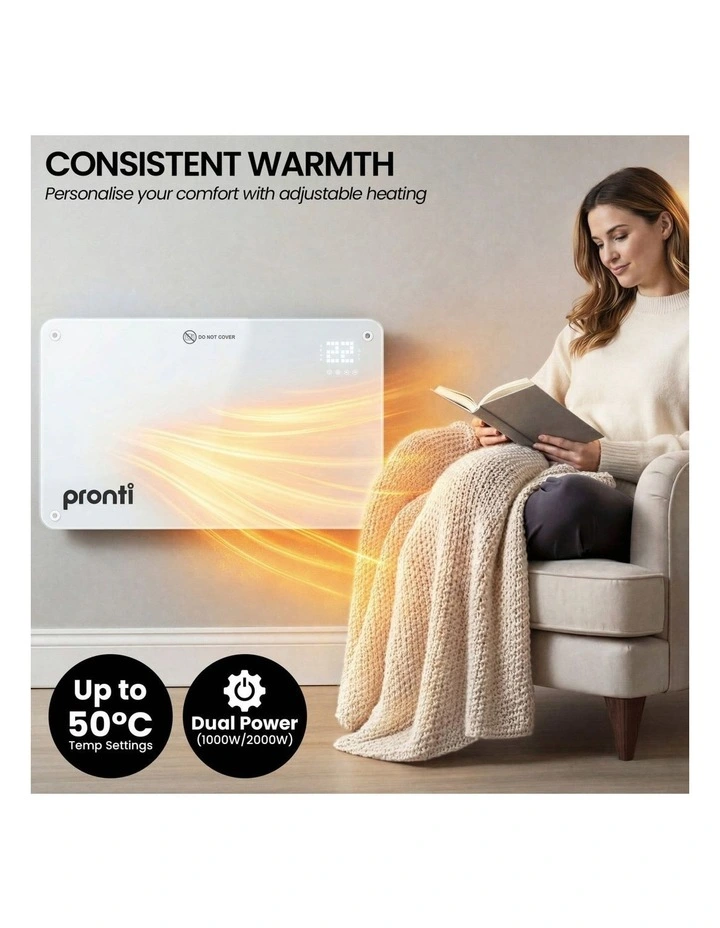 Pronti Glass Panel Convection Heater with Remote Control LED Display White image 4
