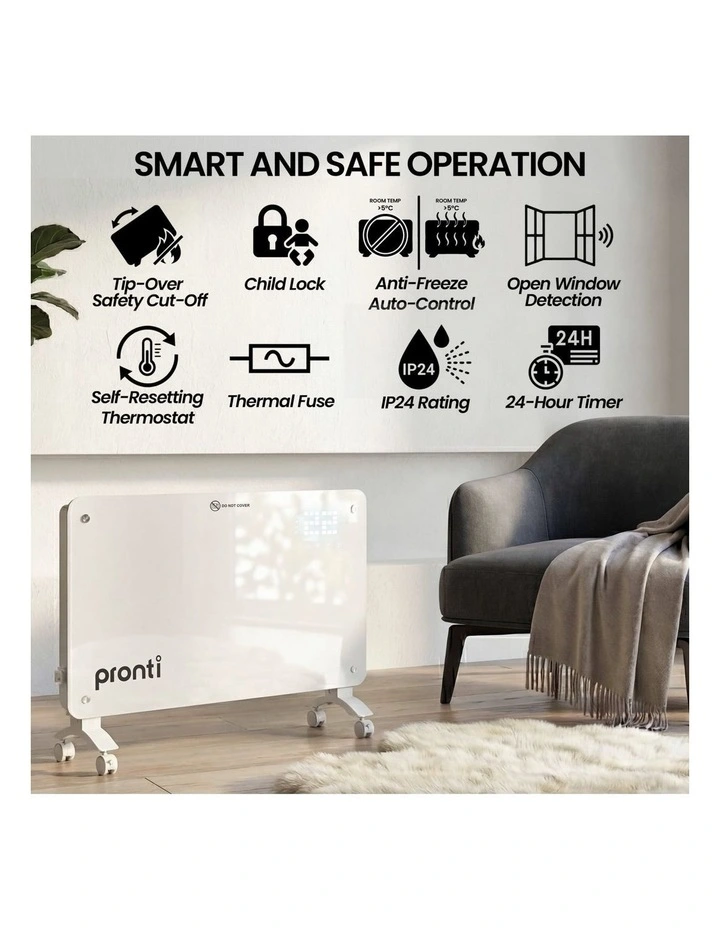 Pronti Glass Panel Convection Heater with Remote Control LED Display White image 5