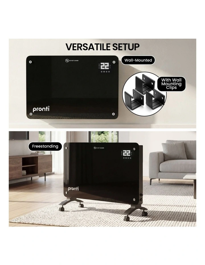 Pronti Glass Panel Convection Heater with Remote Control LED Display Black image 2