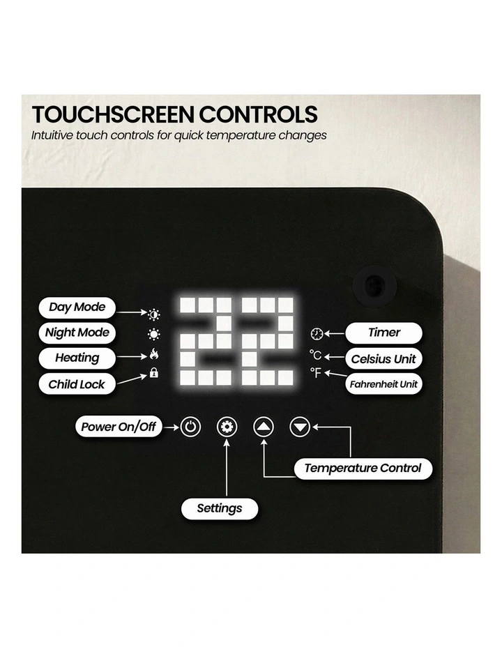 Pronti Glass Panel Convection Heater with Remote Control LED Display Black image 4