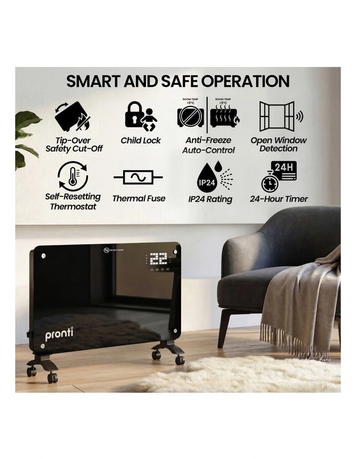Pronti Glass Panel Convection Heater with Remote Control LED Display Black image 5