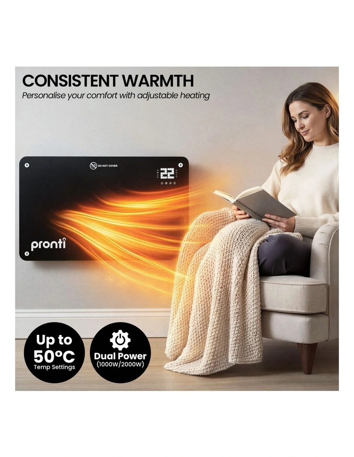 Pronti Glass Panel Convection Heater with Remote Control LED Display Black image 6