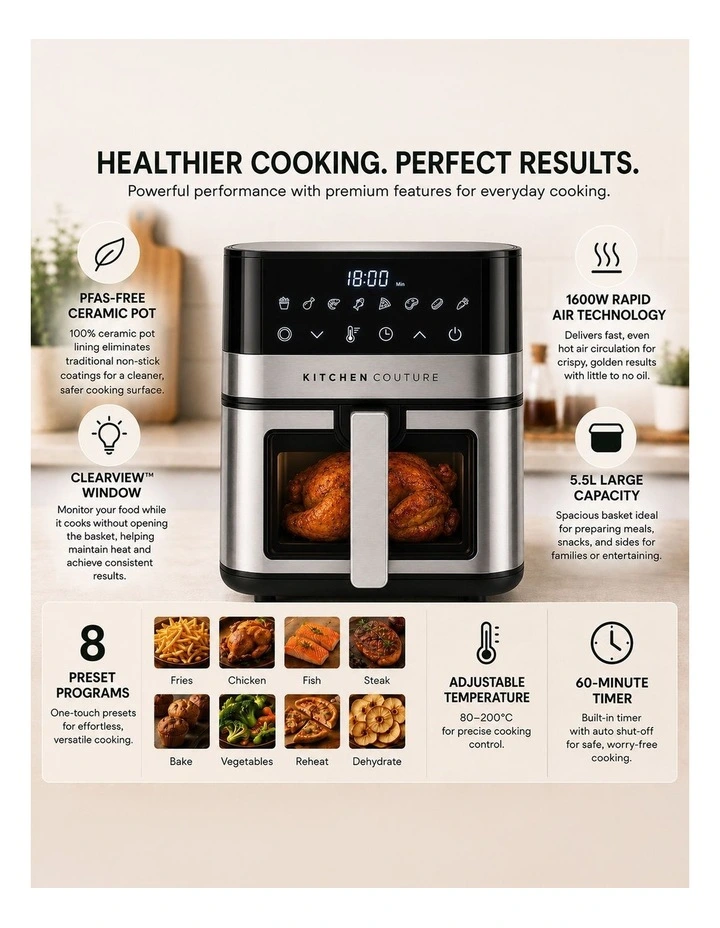 Kitchen Couture 5.5L PFAS-Free Ceramic Air Fryer, ClearView Window, 1600W image 3