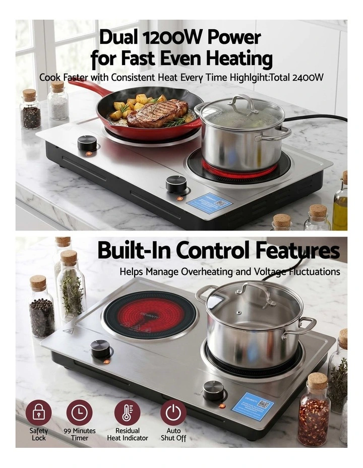 Devanti 2 Hobs Ceramic Cooktop Electric Hot Plate Infrared Knob Control 2400W image 4