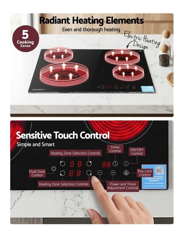 Devanti Ceramic Cooktop 5 Cooking Zone 4 Electric Hobs Touch Control 7600W Black image 4