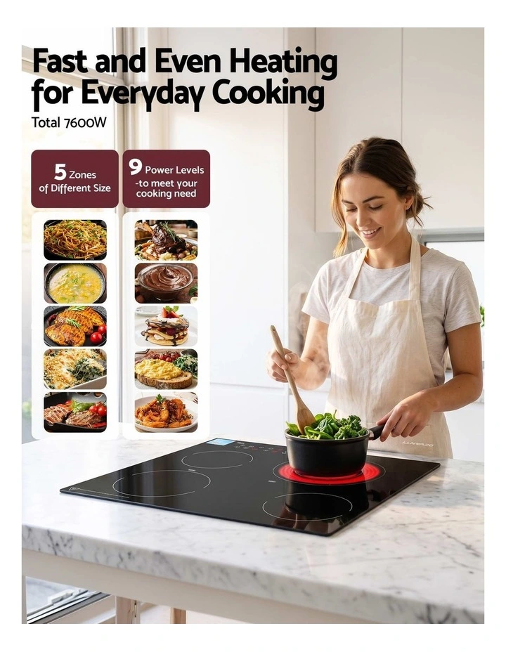 Devanti Ceramic Cooktop 5 Cooking Zone 4 Electric Hobs Touch Control 7600W Black image 5