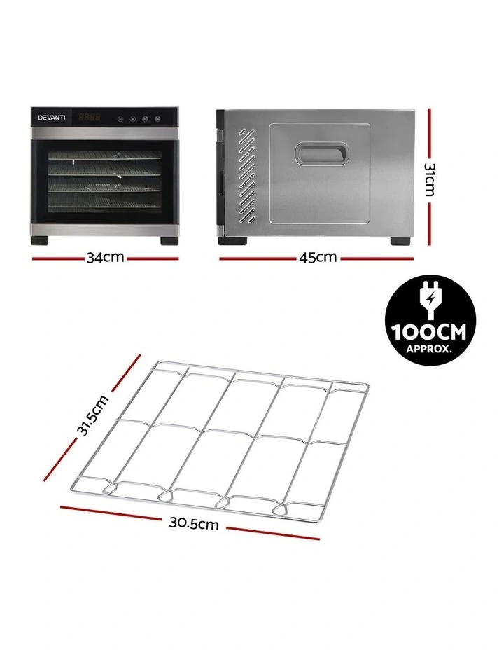 Devanti Food Dehydrator 6 Tray Fruit Dryer Jerky Maker With Stainless Steel Rack image 3