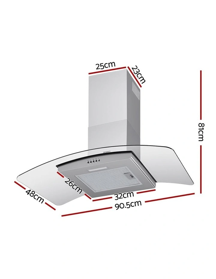 Devanti 90cm Range Hood Curved Glass Canopy Rangehood Kitchen Exhaust Fan image 2