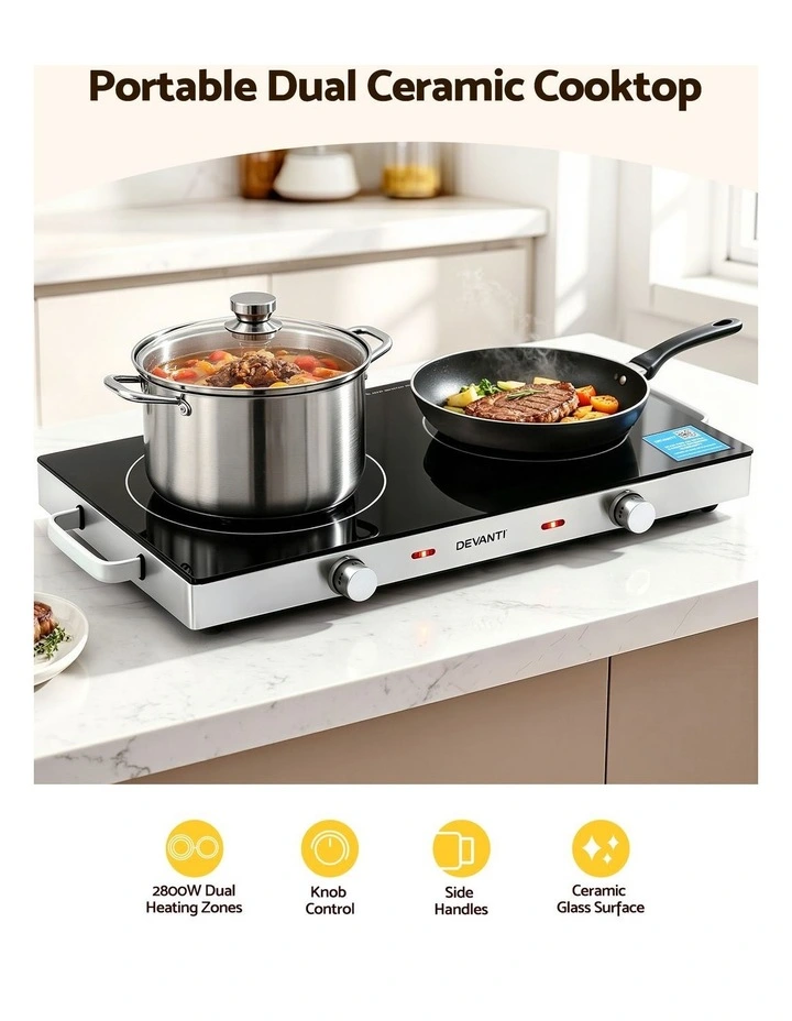 Devanti Portable Ceramic Cooktop Dual Burner Electric Hot Plate 2800W Black image 4