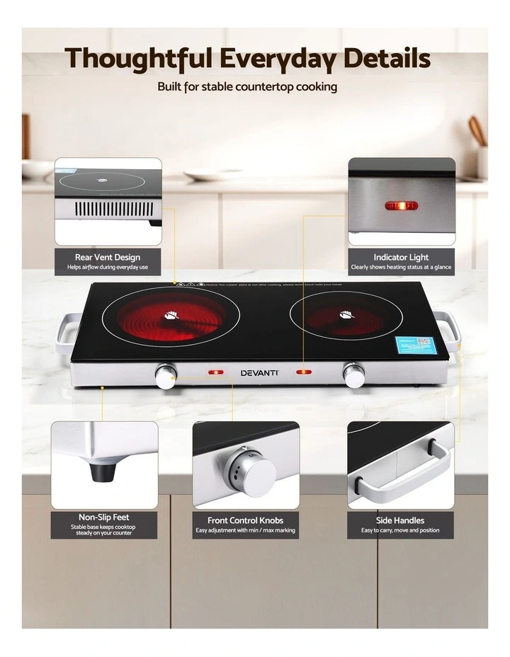 Devanti Portable Ceramic Cooktop Dual Burner Electric Hot Plate 2800W Black image 5