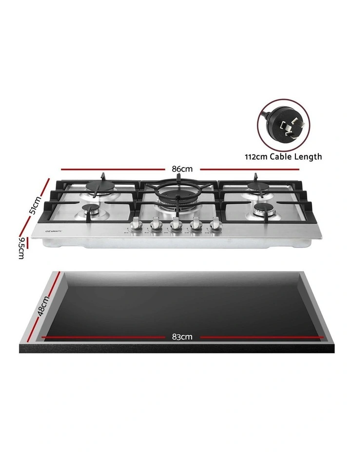 Devanti 90cm Gas Cooktop 5 Burner LPG NG Stainless Steel Hob Silver image 2