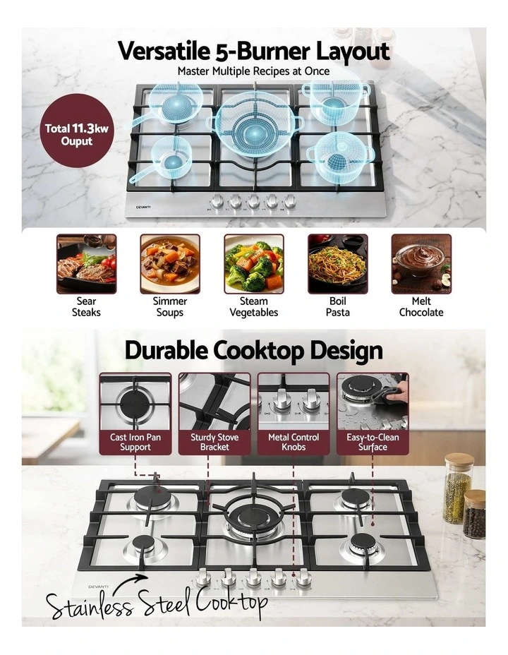 Devanti 90cm Gas Cooktop 5 Burner LPG NG Stainless Steel Hob Silver image 4