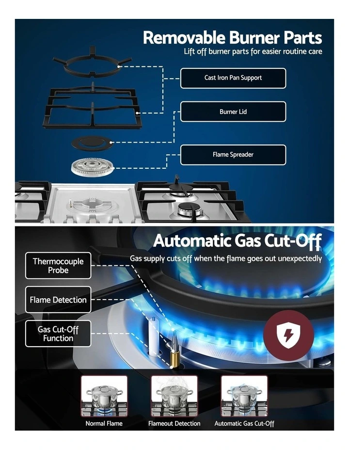 Devanti 90cm Gas Cooktop 5 Burner LPG NG Stainless Steel Hob Silver image 5