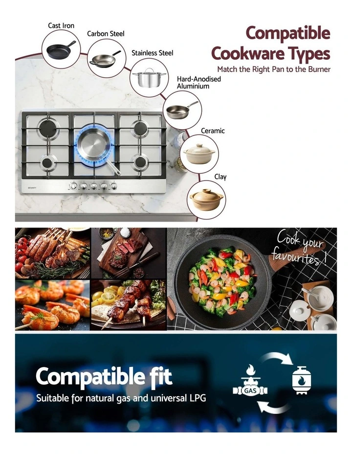 Devanti 90cm Gas Cooktop 5 Burner LPG NG Stainless Steel Hob Silver image 6