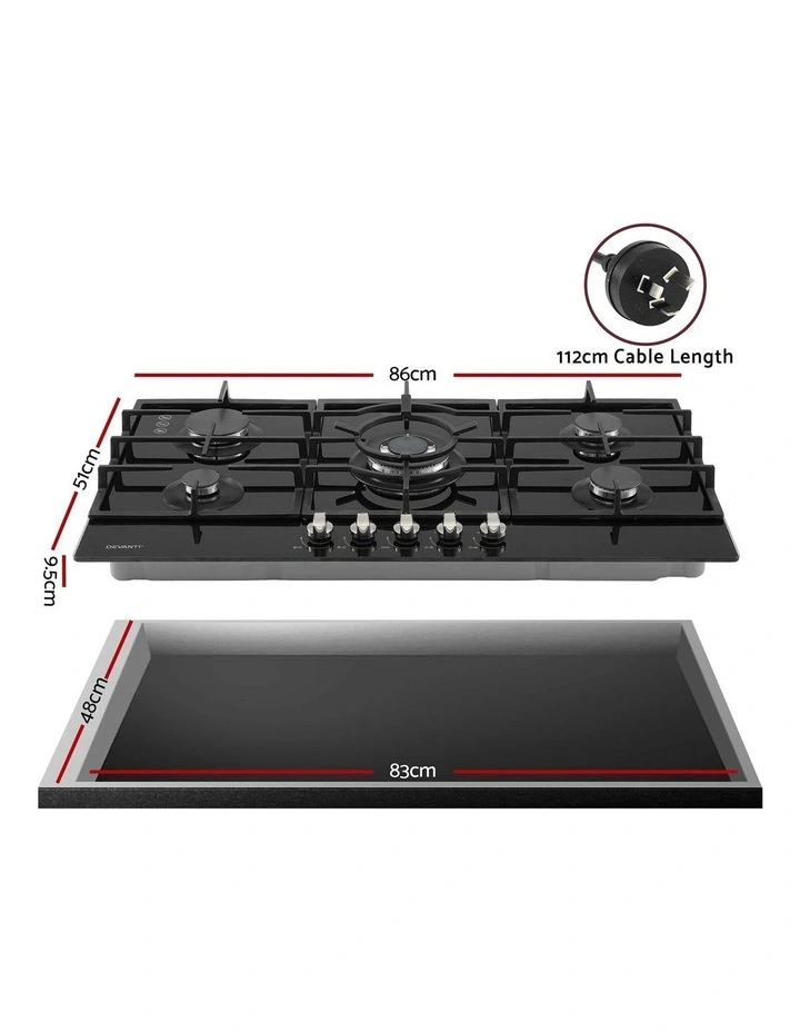 Devanti 90cm Gas Cooktop 5 Burner LPG NG Tempered Glass Hob Black image 2