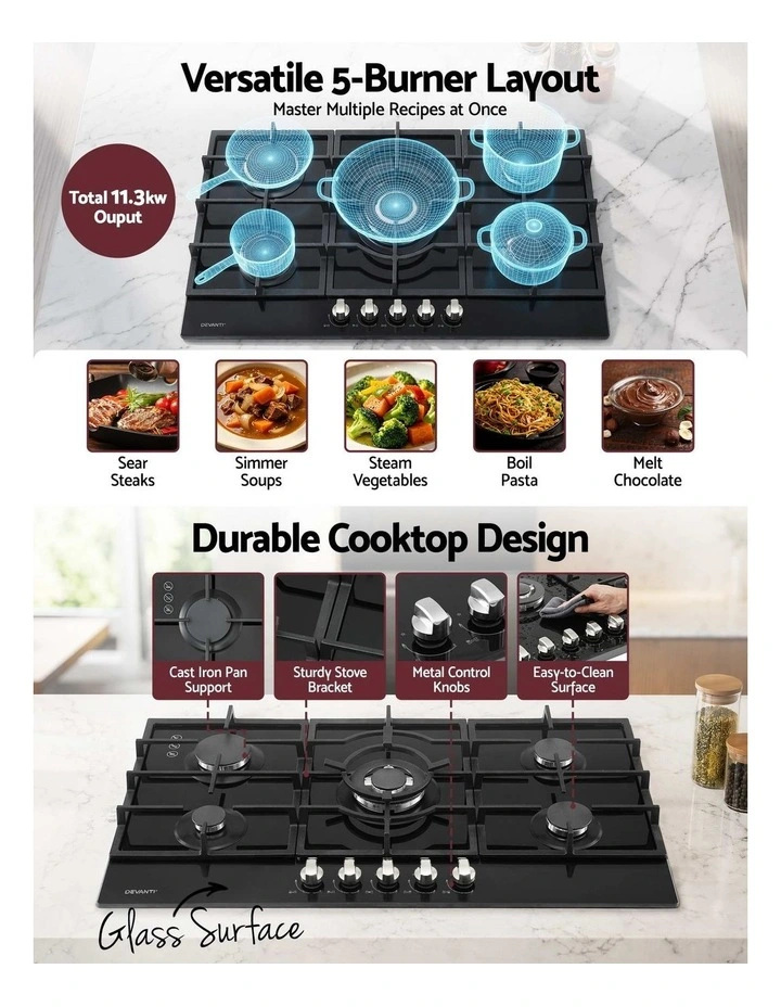 Devanti 90cm Gas Cooktop 5 Burner LPG NG Tempered Glass Hob Black image 4