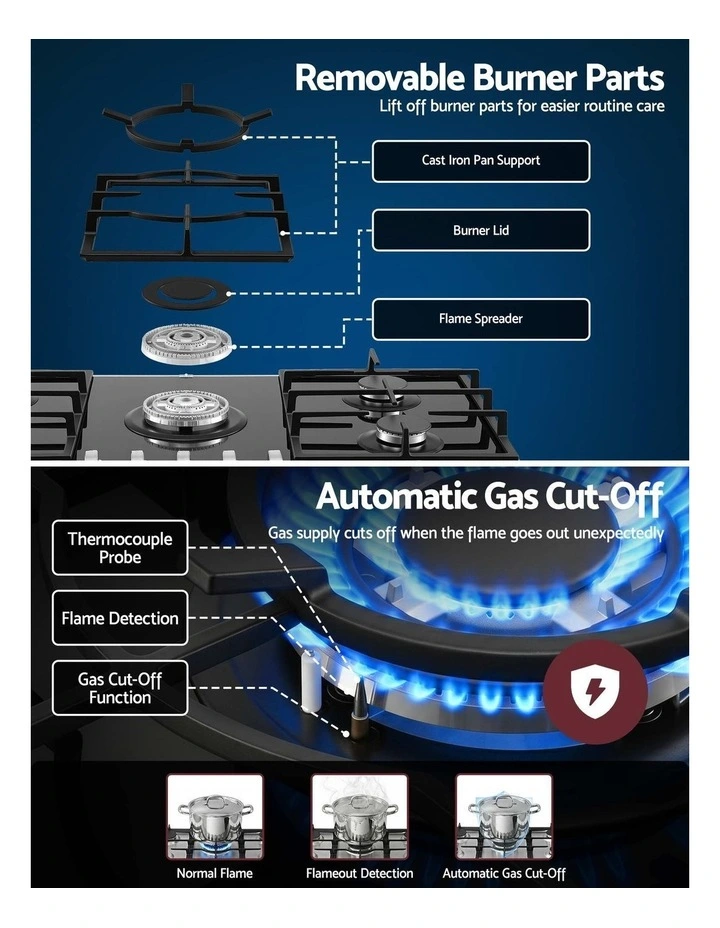 Devanti 90cm Gas Cooktop 5 Burner LPG NG Tempered Glass Hob Black image 5