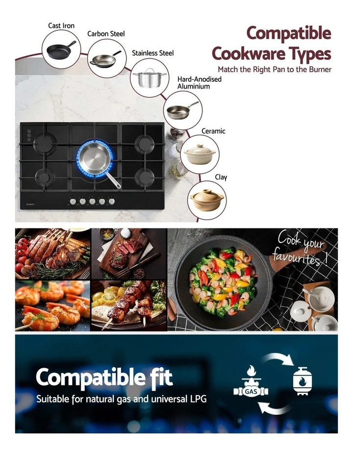 Devanti 90cm Gas Cooktop 5 Burner LPG NG Tempered Glass Hob Black image 6