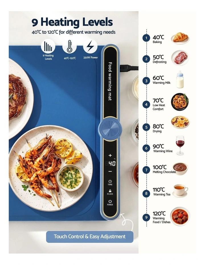Devanti Food Warming Mat 80cm Electric Food Warmer Roll Up Buffet Tray Blue image 4