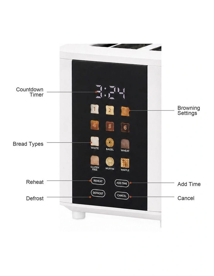 4-Slice Digital Toaster 800-950W Smart Touch Screen 6 Browning Levels White image 5