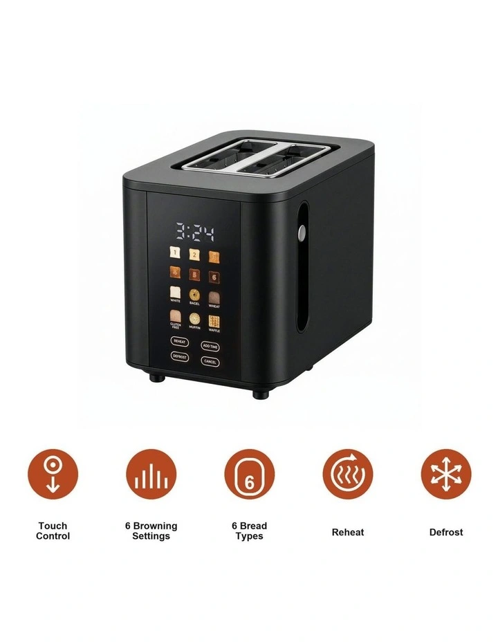 2-Slice Digital Toaster 800-950W Smart Touch Screen 6 Browning Levels Reheat & Defrost - Black image 5