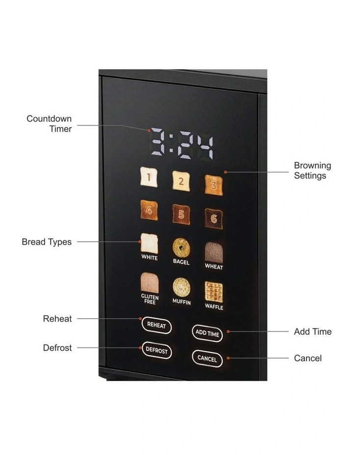 2-Slice Digital Toaster 800-950W Smart Touch Screen 6 Browning Levels Reheat & Defrost - Black image 6