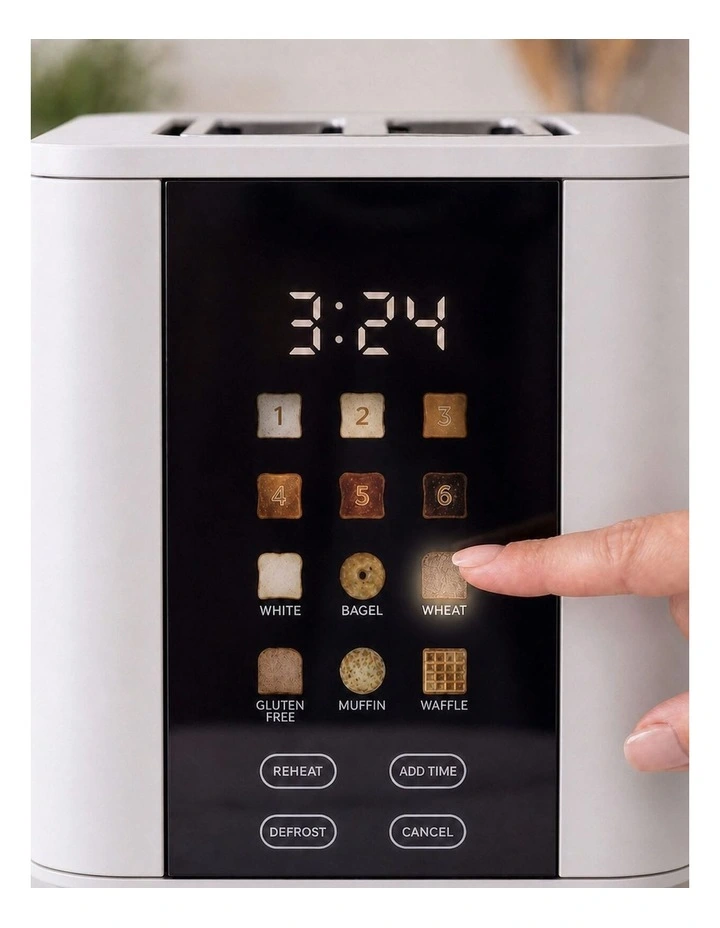 2-Slice Digital Toaster 800-950W Smart Touch Screen 6 Browning Levels Reheat & Defrost - White image 4