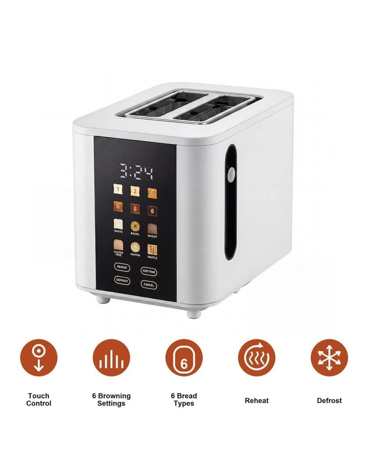 2-Slice Digital Toaster 800-950W Smart Touch Screen 6 Browning Levels Reheat & Defrost - White image 5