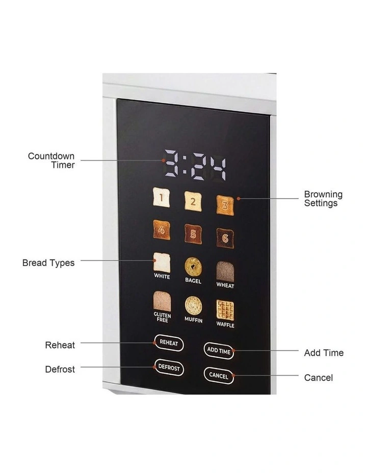 2-Slice Digital Toaster 800-950W Smart Touch Screen 6 Browning Levels Reheat & Defrost - White image 6