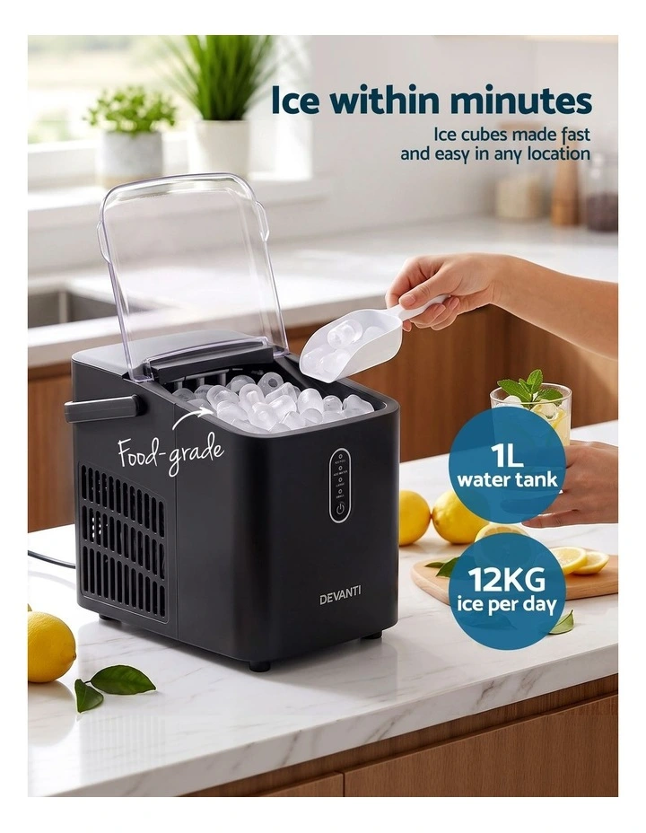 Devanti Ice Maker Portable Ice Machine Countertop Bullet Cube 12KG Black image 4