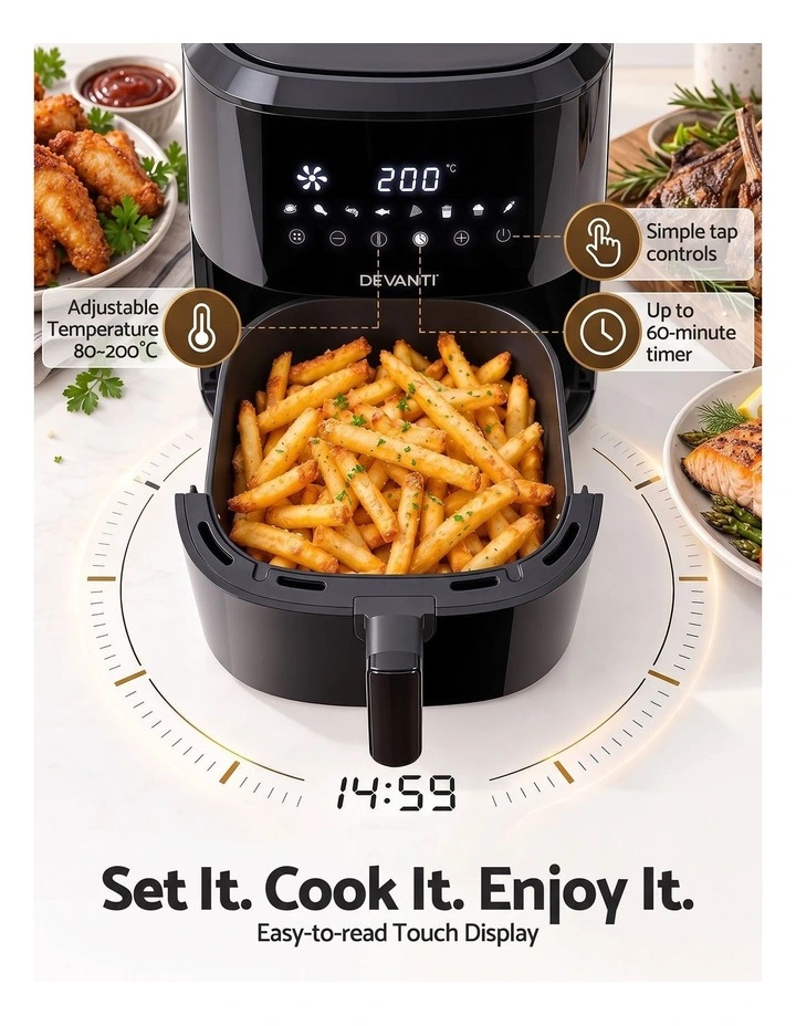 Devanti Air Fryer 6.5L 1700W Digital Touch 8 Presets Non-Stick Basket Black image 5