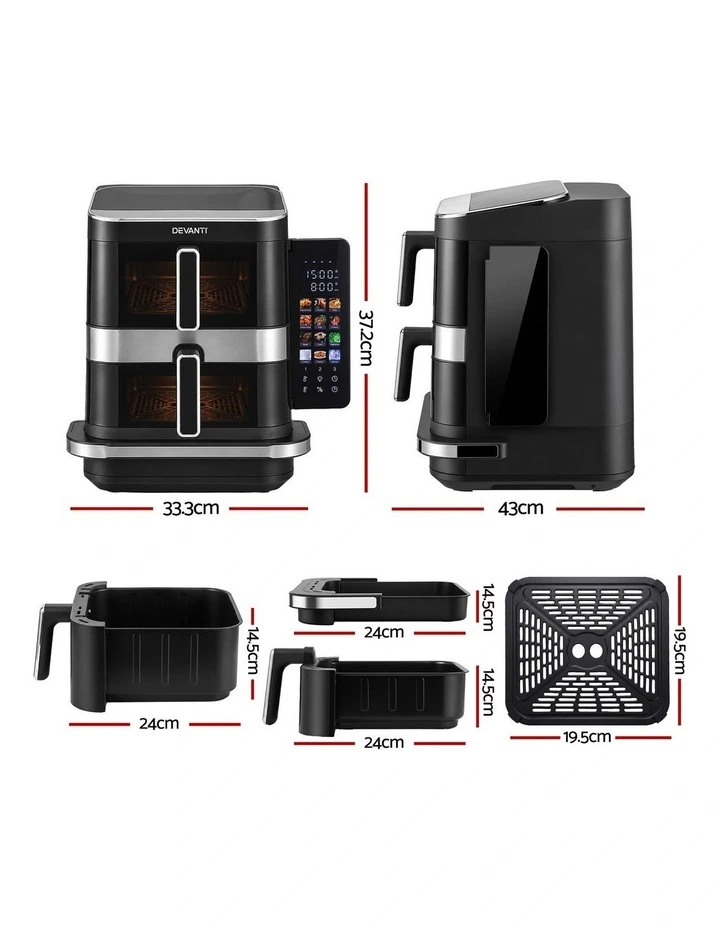 Devanti 12L Air Fryer Dual Basket Stacked 10 Inch Pizza Maker 2800W Touch Black image 2