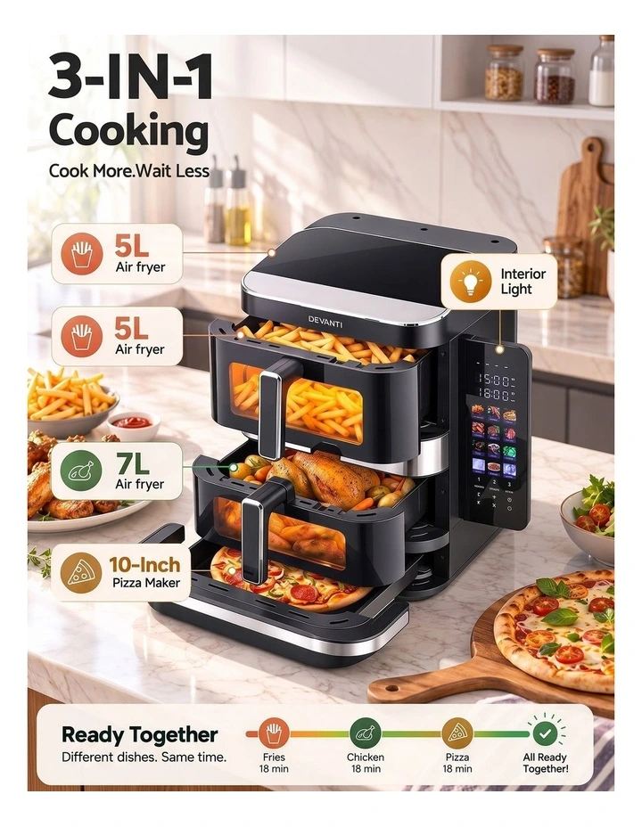 Devanti 12L Air Fryer Dual Basket Stacked 10 Inch Pizza Maker 2800W Touch Black image 4