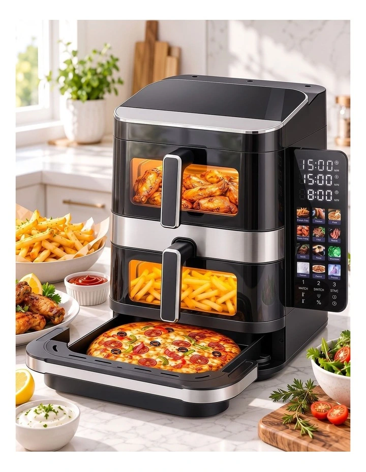 Devanti 12L Air Fryer Dual Basket Stacked 10 Inch Pizza Maker 2800W Touch Black image 6