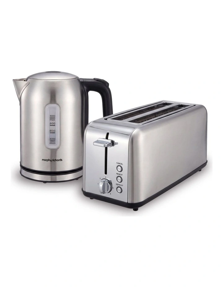 Morphy Richards Equip Stainless Steel Kettle and Toaster Set, 1L Jug Kettle & 4 Slice Long Slot image 1