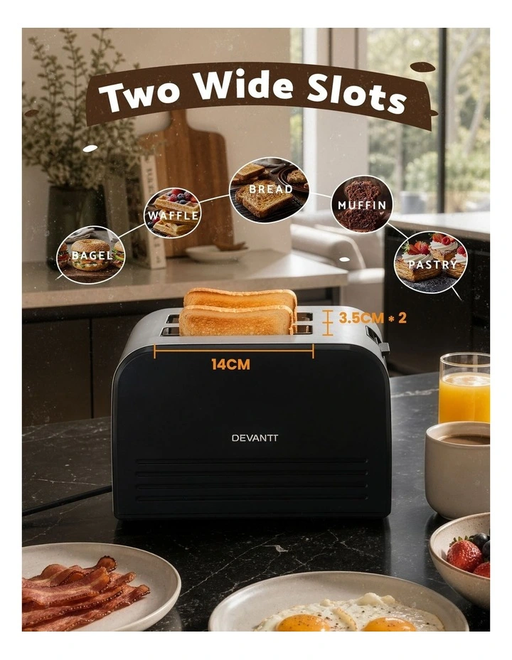Devanti 2-Slice Toaster, LED Display 3.5cm Wide Slots 6 Browning Levels image 2