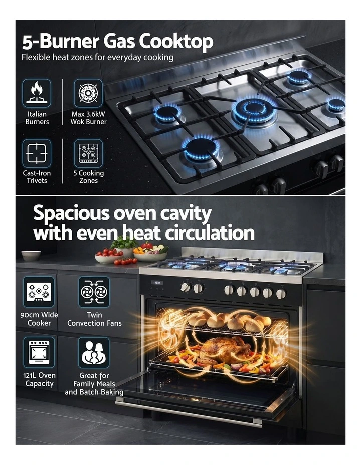 Devanti 90cm Dual Fuel Cooker Gas Cooktop Electric Oven 5 Burner image 4