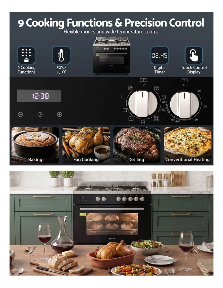 Devanti 90cm Dual Fuel Cooker Gas Cooktop Electric Oven 5 Burner image 5