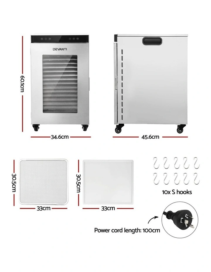 Devanti Food Dehydrator Stainless Steel Fruit Dryer 16 Tray Silver image 2