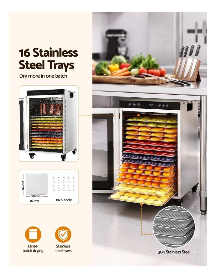 Devanti Food Dehydrator Stainless Steel Fruit Dryer 16 Tray Silver image 4