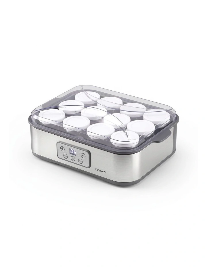 Devanti Yoghurt Maker Machine with 12x180ml Glass Cups Temp Control Grey image 1