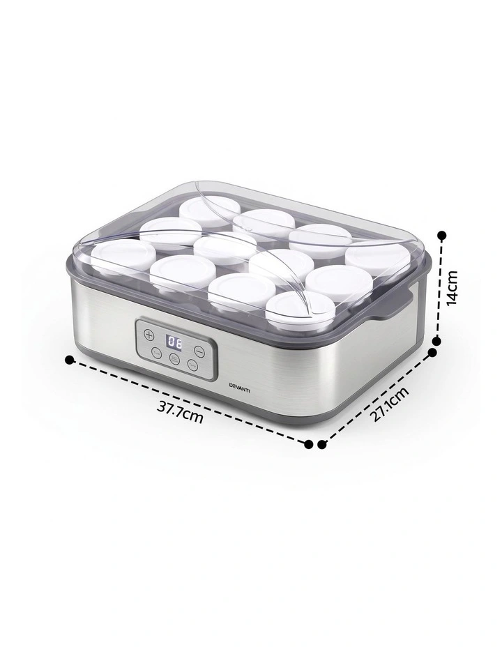 Devanti Yoghurt Maker Machine with 12x180ml Glass Cups Temp Control Grey image 2
