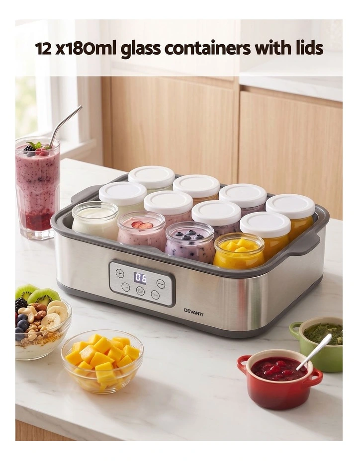 Devanti Yoghurt Maker Machine with 12x180ml Glass Cups Temp Control Grey image 4
