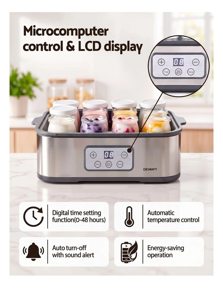 Devanti Yoghurt Maker Machine with 12x180ml Glass Cups Temp Control Grey image 5
