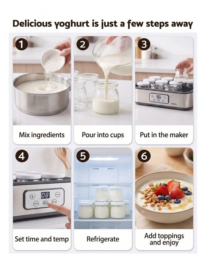 Devanti Yoghurt Maker Machine with 12x180ml Glass Cups Temp Control Grey image 6