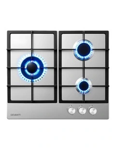 Devanti 59cm Gas Cooktop 3 Burner Knob Control Stainless Steel Hob Silver